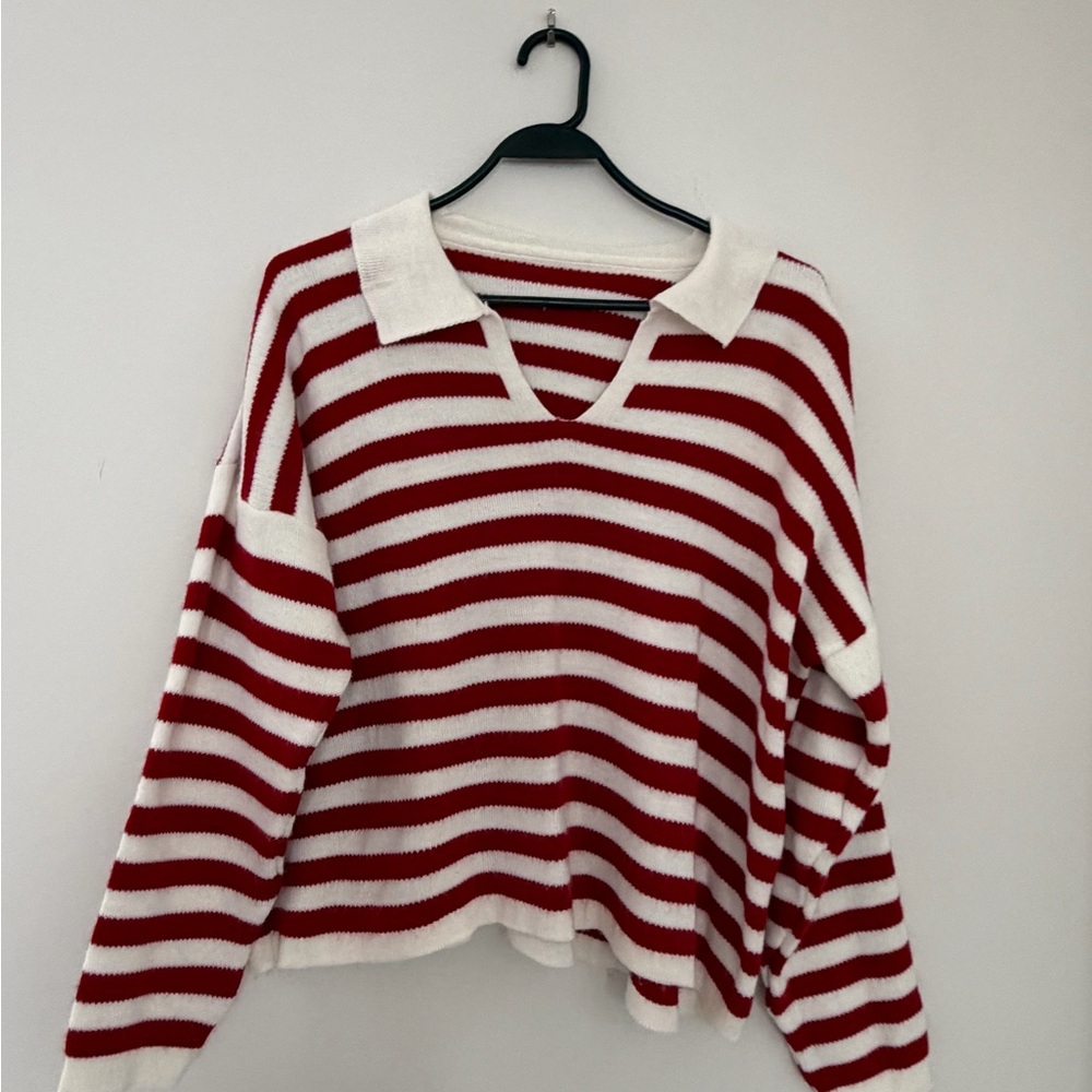 Striped Red and White Women's Cropped Sweater - Picture 2 of 3